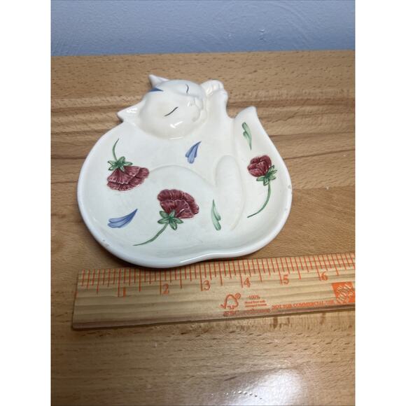 VTG Lenox Poppies on Blue Barnyard Cat Kitten Plate Spoon Rest Flower Design - Picture 10 of 10